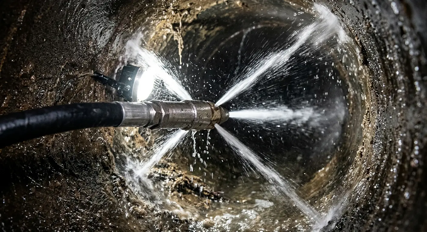 High-pressure hydro jetting nozzle cleaning sewer pipe for Sewer Cleanout in Willoughby