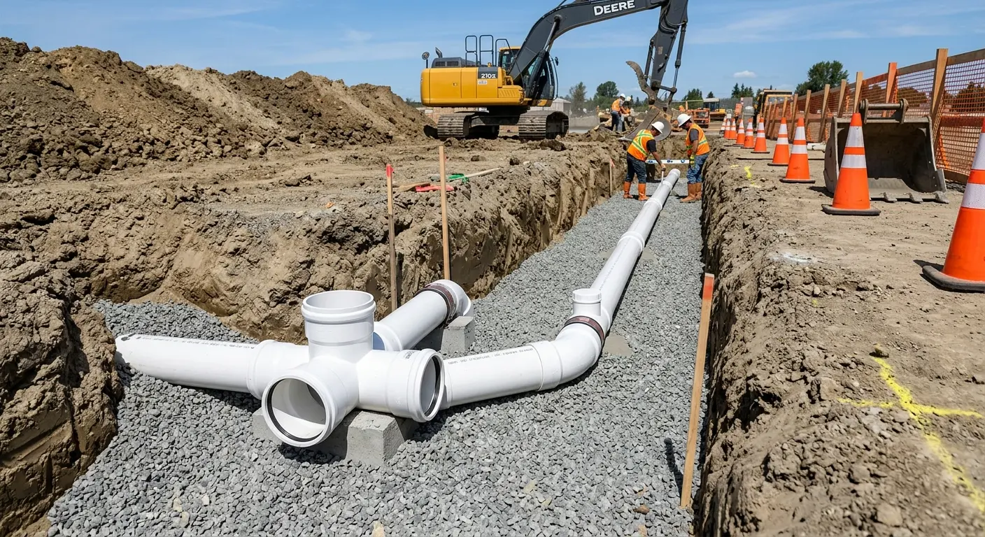New PVC sewer pipe installation in open trench for Sewer Backup in Willoughby