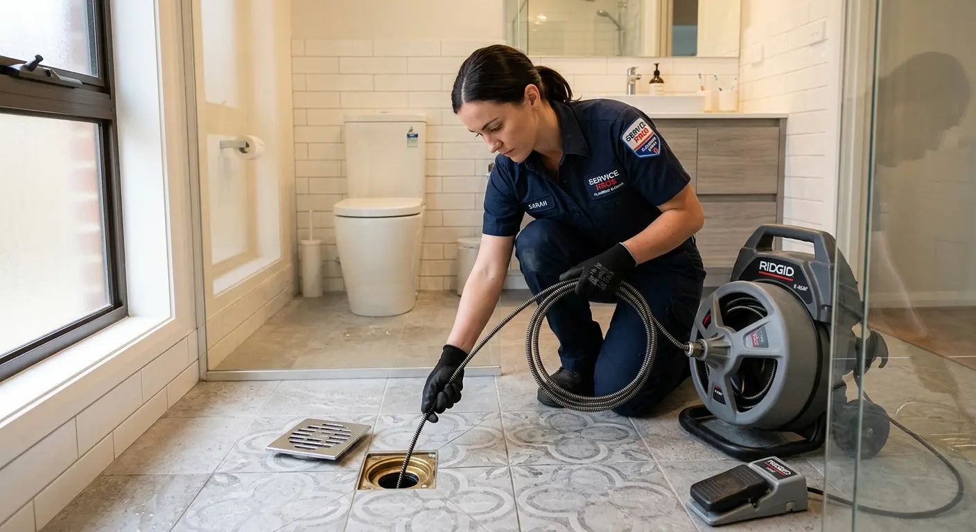 Technician clearing a bathroom floor drain for Clogged Drain Repair in Willoughby